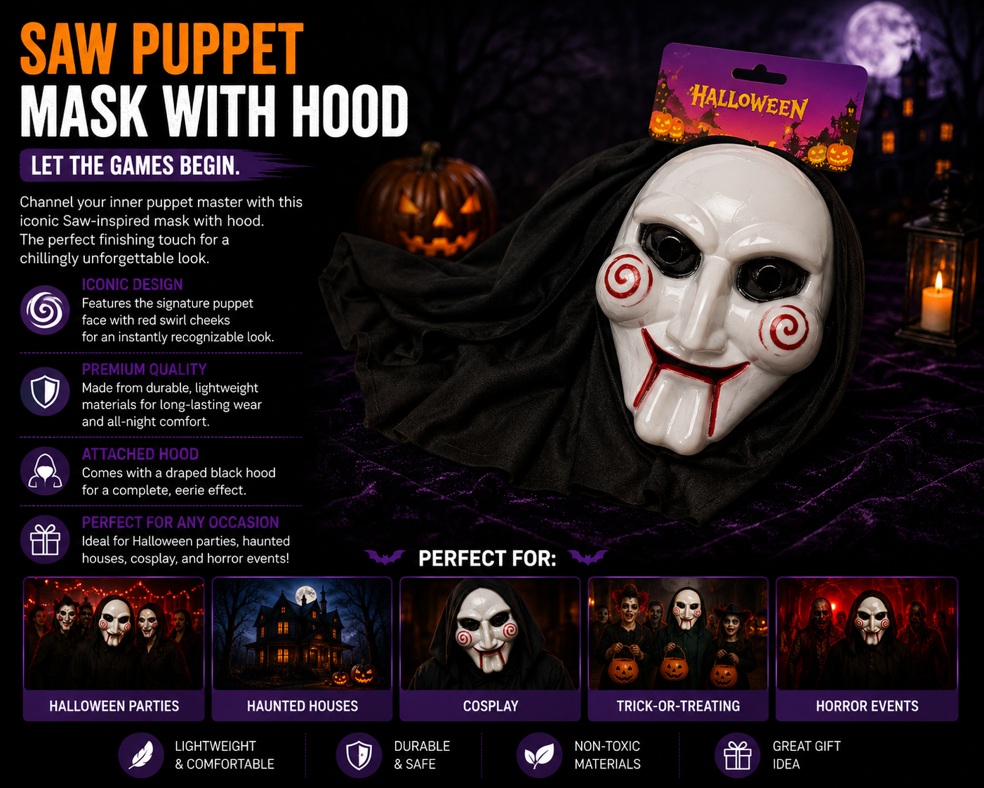 Halloween Horror Puppet Face Mask with Hood