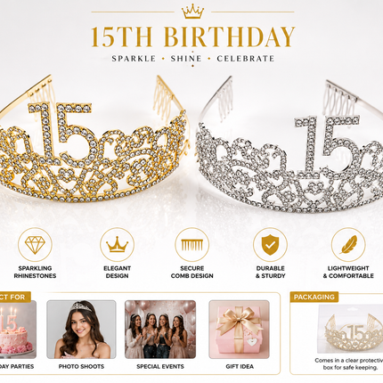 15th Birthday Rhinestone Tiara Crown for Girls