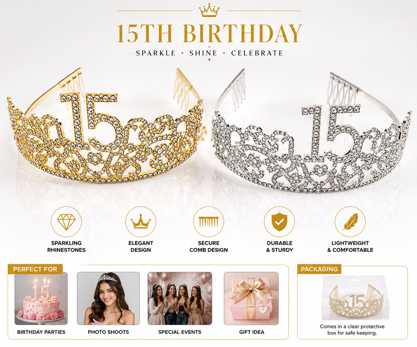 15th Birthday Rhinestone Tiara Crown for Girls