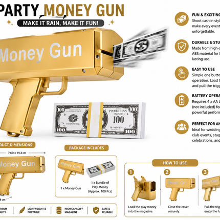 Gold Party Money Gun with Play Cash Fake Notes