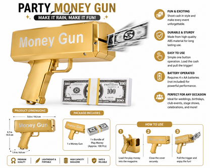 Gold Party Money Gun with Play Cash Fake Notes