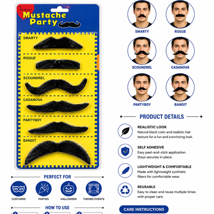 Party Fake Mustache - Assorted Self-Adhesive Costume Mustaches