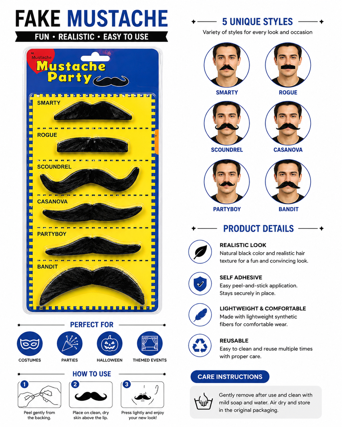 Party Fake Mustache - Assorted Self-Adhesive Costume Mustaches