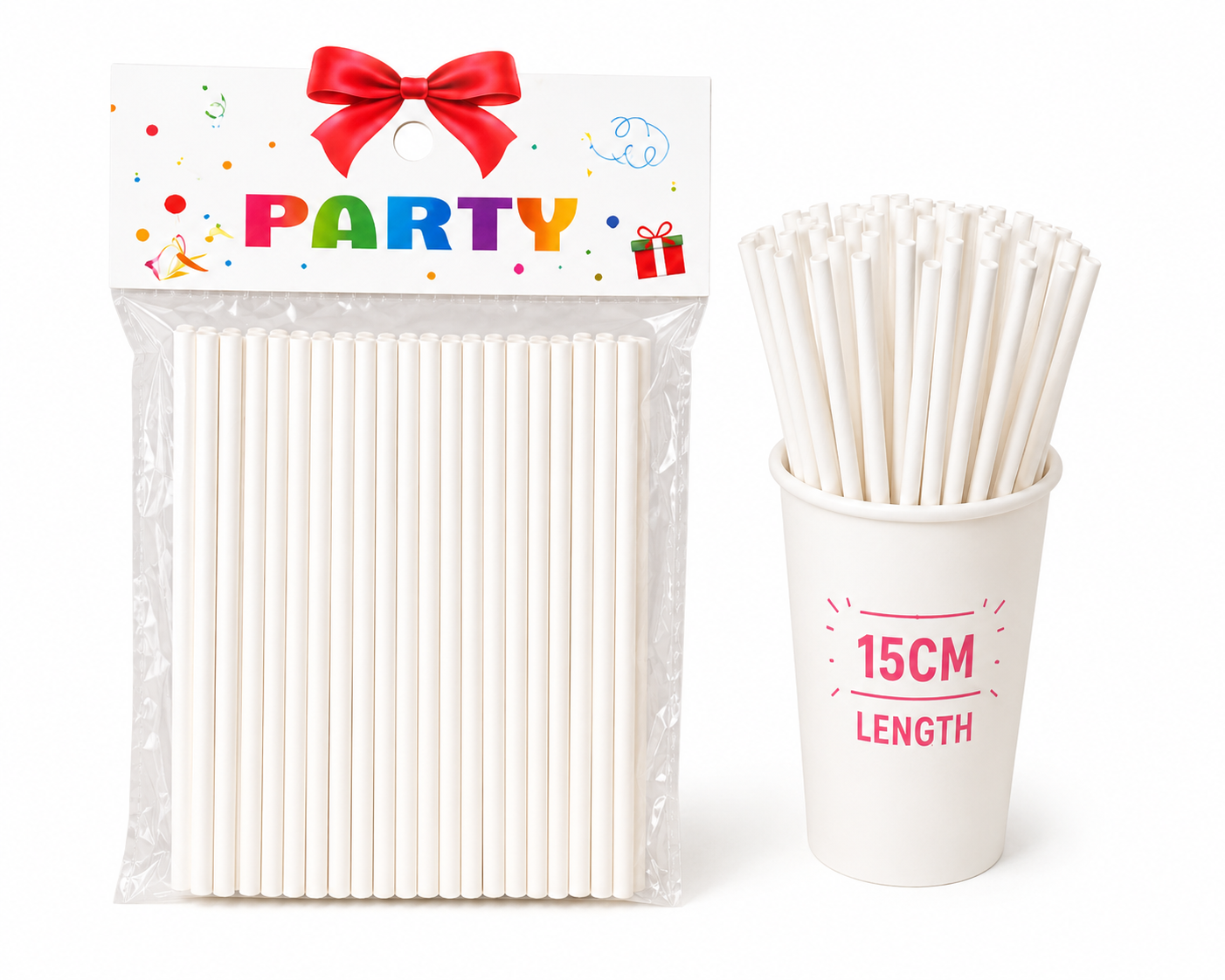 White Beverage Straws 15 cm for Parties, Weddings & Celebrations - pack of 50