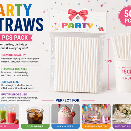 White Beverage Straws 15 cm for Parties, Weddings & Celebrations - pack of 50