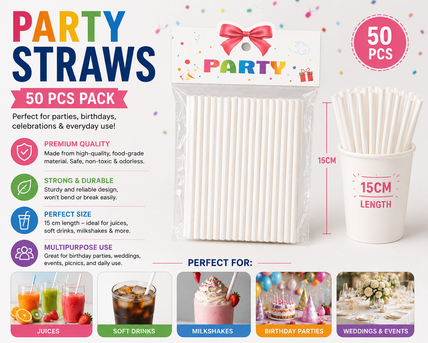 White Beverage Straws 15 cm for Parties, Weddings & Celebrations - pack of 50