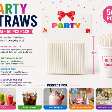 White Beverage Straws 10 cm for Parties, Weddings & Celebrations - pack of 50