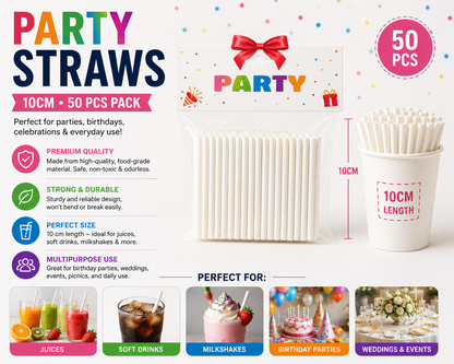 White Beverage Straws 10 cm for Parties, Weddings & Celebrations - pack of 50