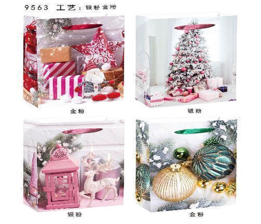 Festive Christmas Design Flocked Tree, Lantern, Baubles, Presents Party Paper Bag  - Jumbo Size 31x40x12 cm