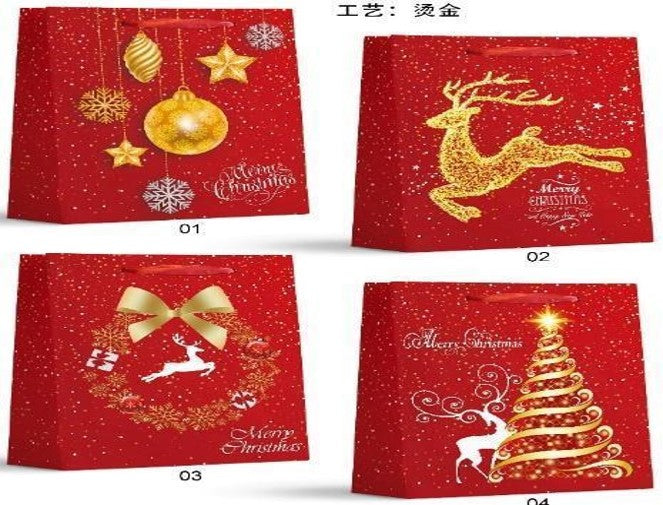 Christmas gift bags red color design. Jumbo (J). 31 x 40 x 12 cm (approximately 12 x 15.5 x 4.5 inches).