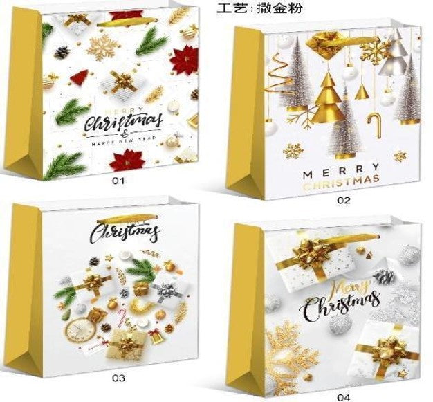 Christmas gift bags white & golden color design. Jumbo (J). 31 x 40 x 12 cm (approximately 12 x 15.5 x 4.5 inches).