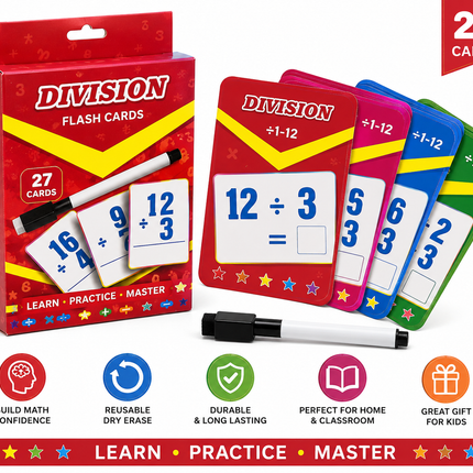 Division Math Flash Cards Set – 27 Reusable Dry Erase Cards