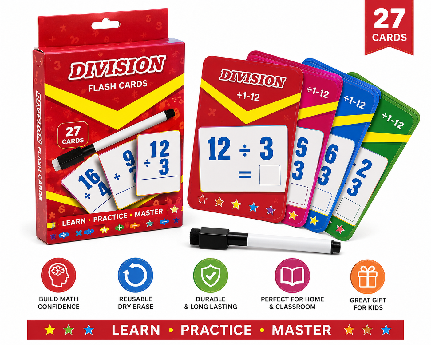Division Math Flash Cards Set – 27 Reusable Dry Erase Cards
