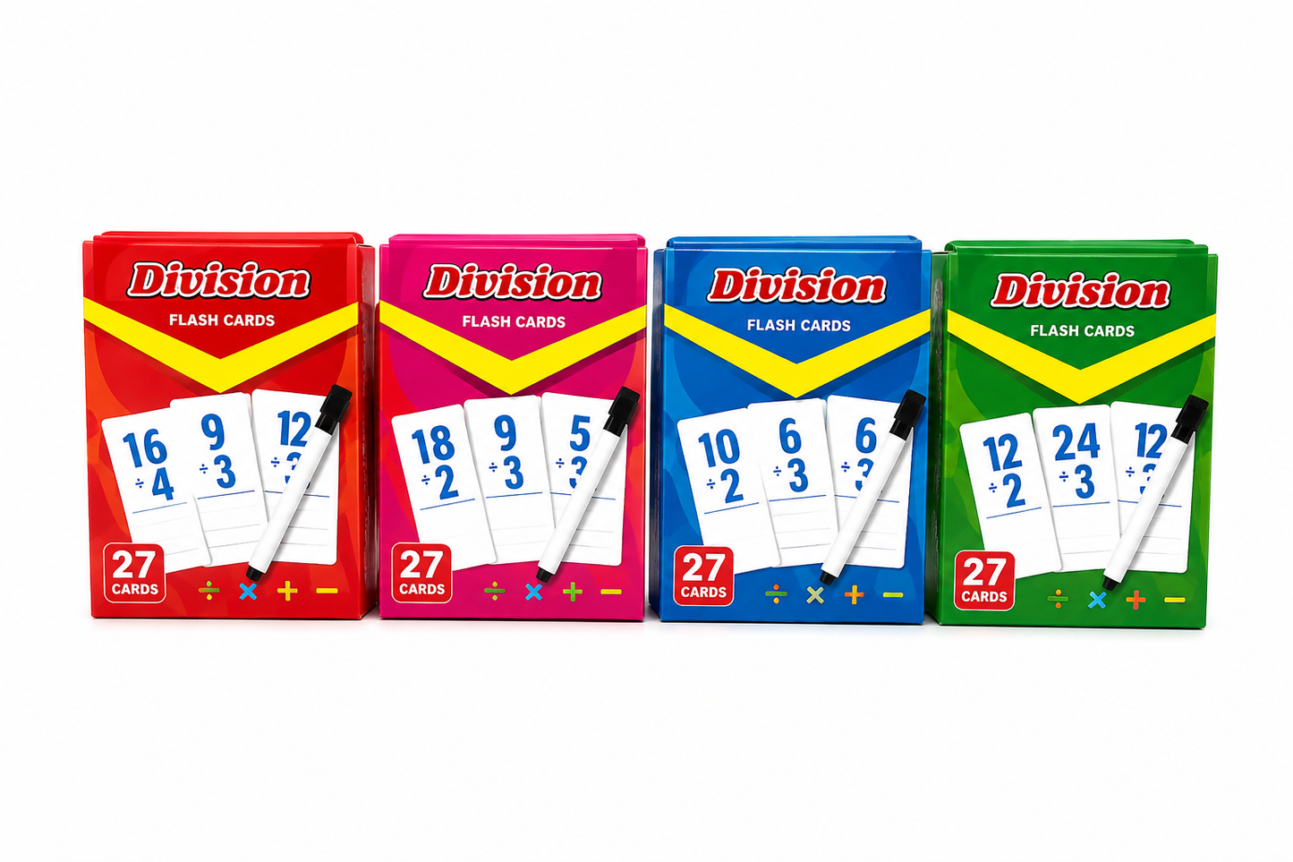 Division Math Flash Cards Set – 27 Reusable Dry Erase Cards