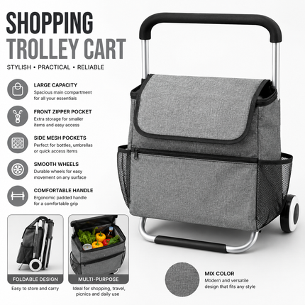 Foldable Shopping Trolley Cart with Wheels - Grey
