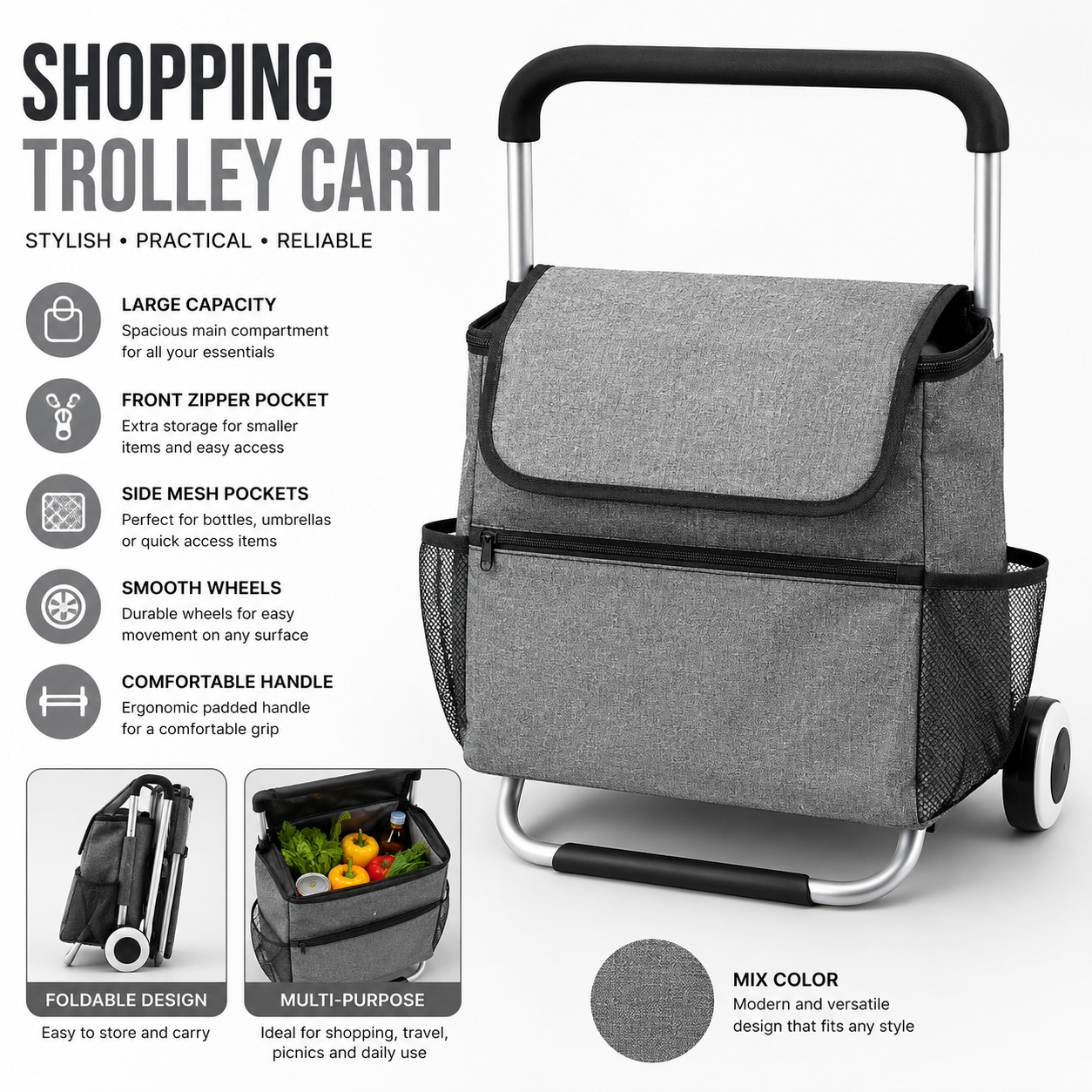 Foldable Shopping Trolley Cart with Wheels - Grey