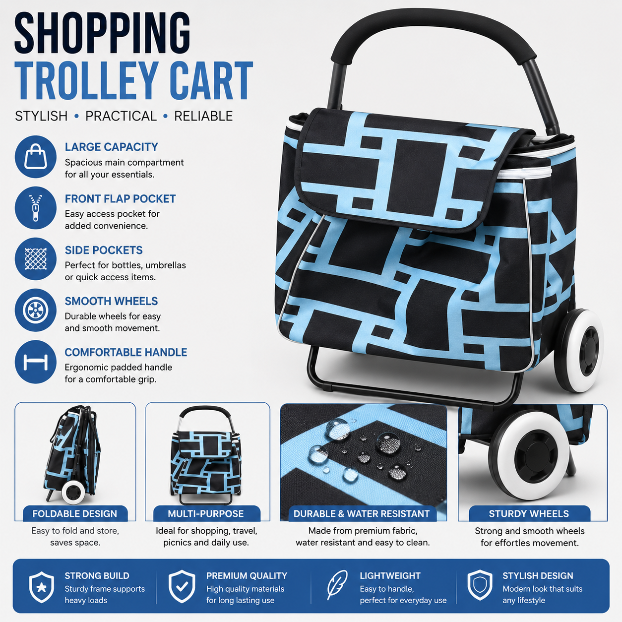 Portable Foldable Shopping Cart - Blue & Black