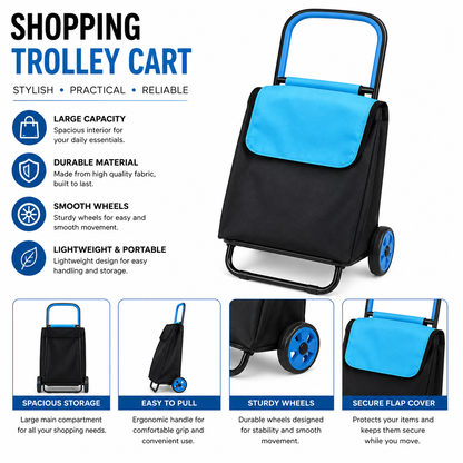 Foldable Shopping Trolley Cart with Wheels - Blue
