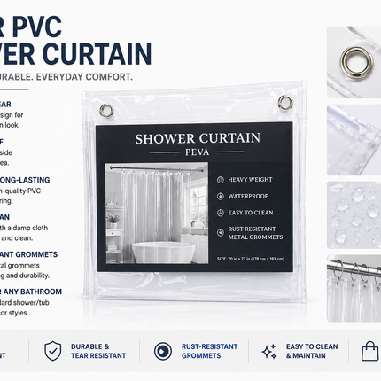 Clear PVC Shower Curtain Waterproof Bathroom Curtain with Metal Grommets