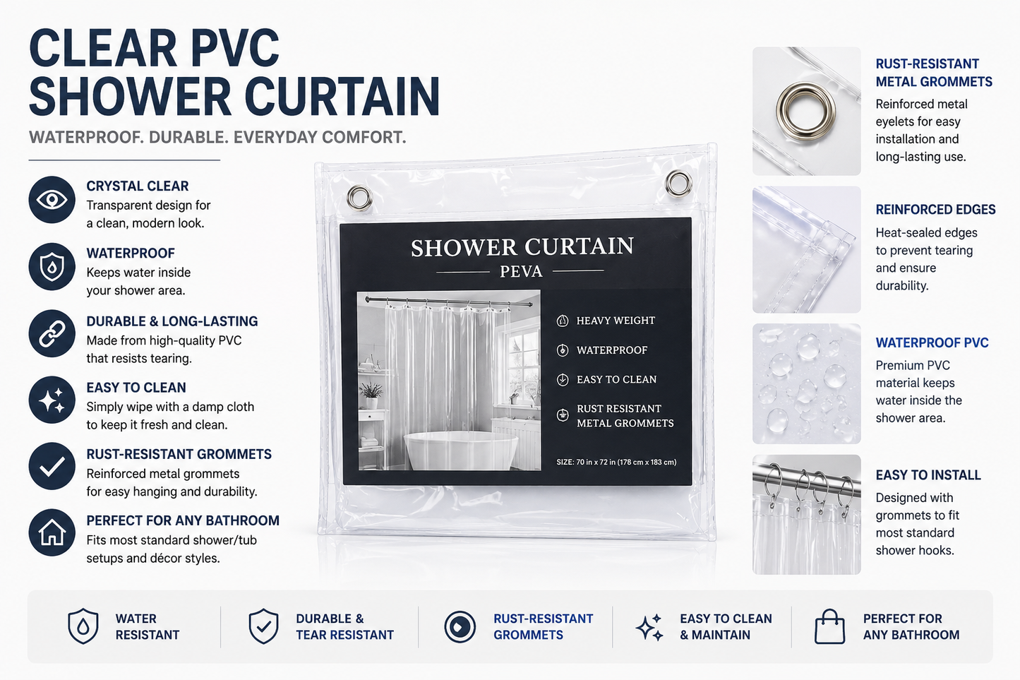 Clear PVC Shower Curtain Waterproof Bathroom Curtain with Metal Grommets