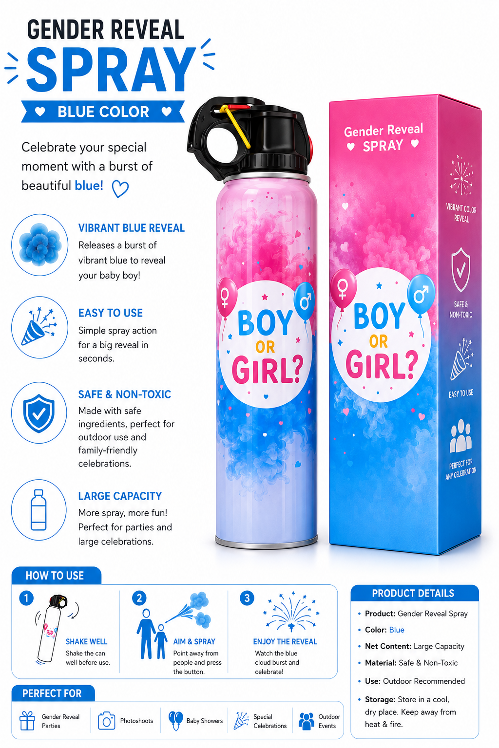 Gender Reveal Party Spray Blue