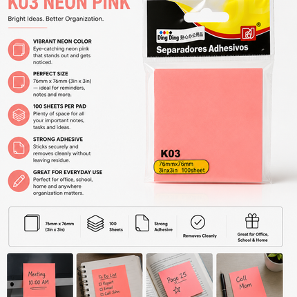 Sticky Notes Neon Pink 76mm x 76mm – 100 Sheets Strong Adhesive Memo Pad