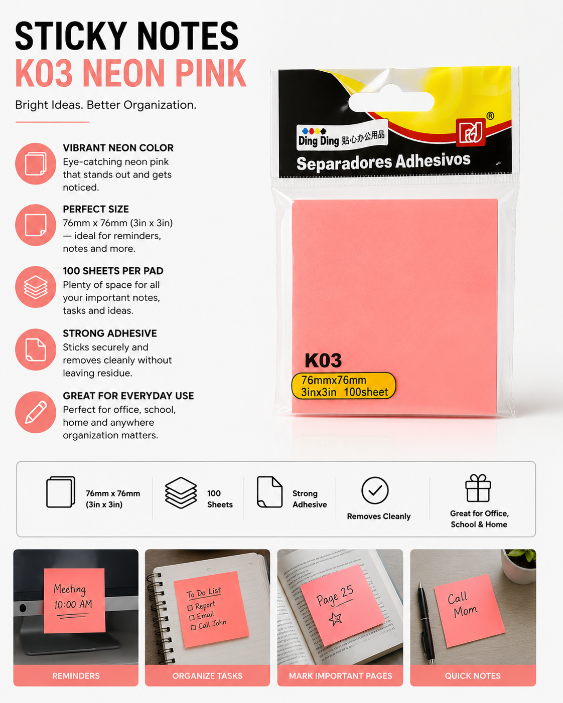 Sticky Notes Neon Pink 76mm x 76mm – 100 Sheets Strong Adhesive Memo Pad