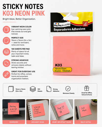 Sticky Notes Neon Pink 76mm x 76mm – 100 Sheets Strong Adhesive Memo Pad