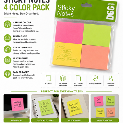Sticky Notes 4 Color Pack – Neon Pink, Green, Yellow & Peach Memo Pads