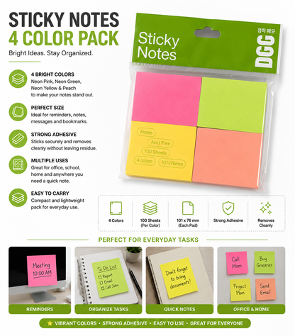 Sticky Notes 4 Color Pack – Neon Pink, Green, Yellow & Peach Memo Pads