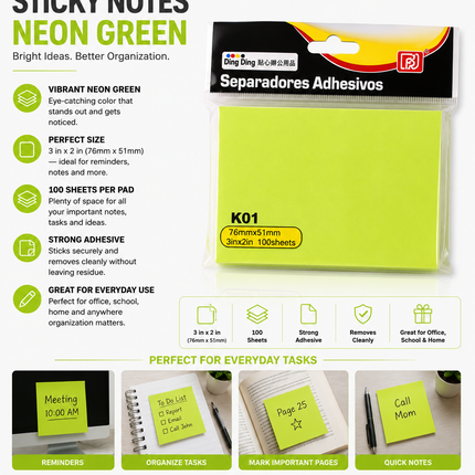 Sticky Notes Neon Green 76mm x 51mm – 100 Sheets Strong Adhesive Note Pad