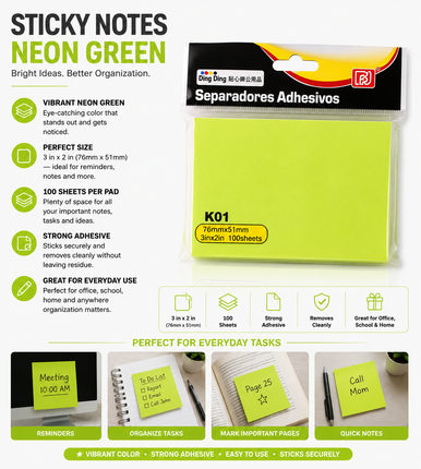 Sticky Notes Neon Green 76mm x 51mm – 100 Sheets Strong Adhesive Note Pad