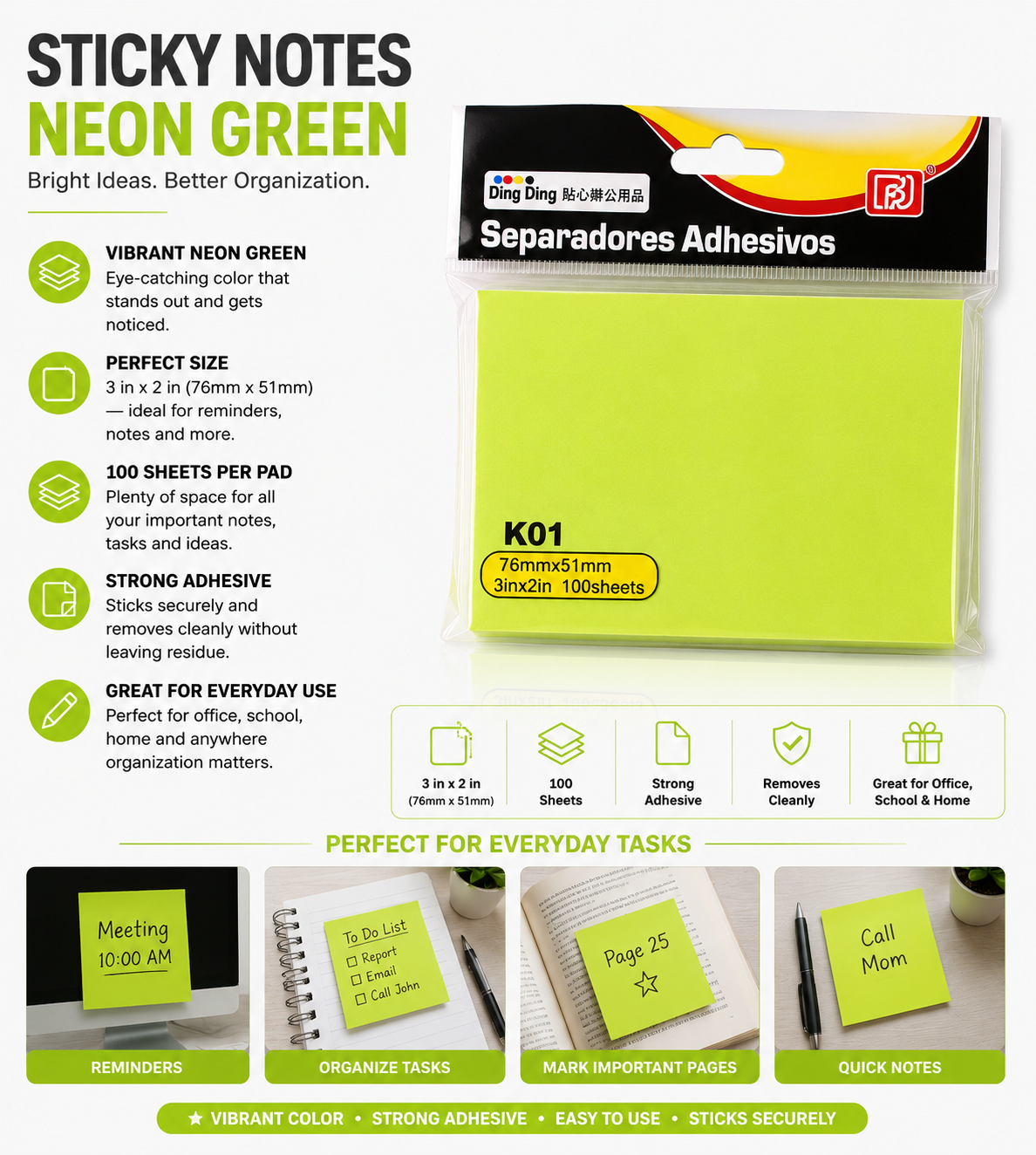 Sticky Notes Neon Green 76mm x 51mm – 100 Sheets Strong Adhesive Note Pad