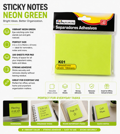 Sticky Notes Neon Green 76mm x 51mm – 100 Sheets Strong Adhesive Note Pad