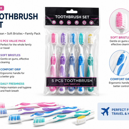 Soft Bristle Toothbrush Set 5 Pack