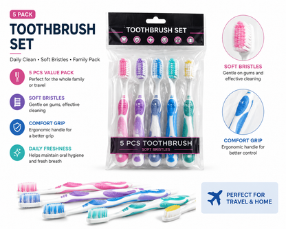Soft Bristle Toothbrush Set 5 Pack