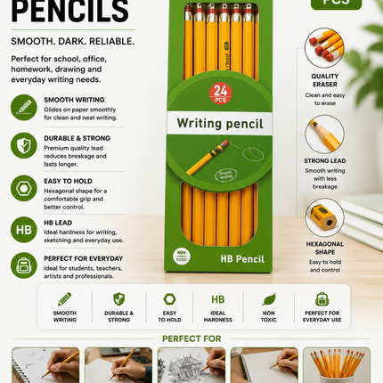 HB Graphite Pencils 24 Count – Smooth Writing Pencils with Strong Lead