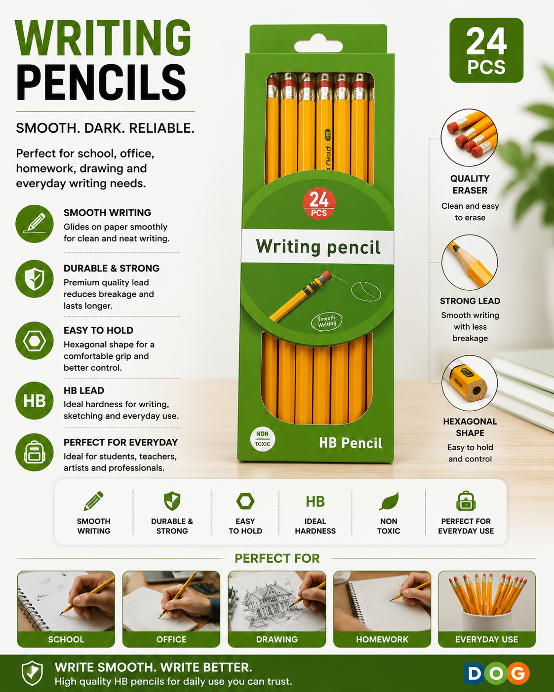 HB Graphite Pencils 24 Count – Smooth Writing Pencils with Strong Lead