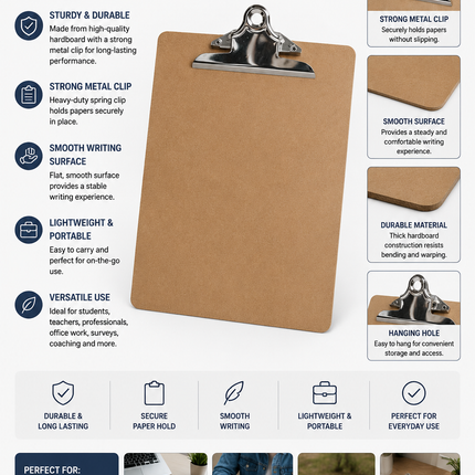 Hardboard Clipboard Writing Board with Metal Clip – Lightweight Portable Writing Surface