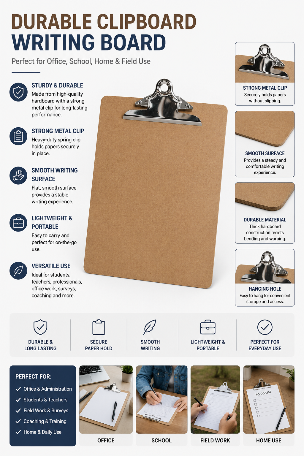 Hardboard Clipboard Writing Board with Metal Clip – Lightweight Portable Writing Surface