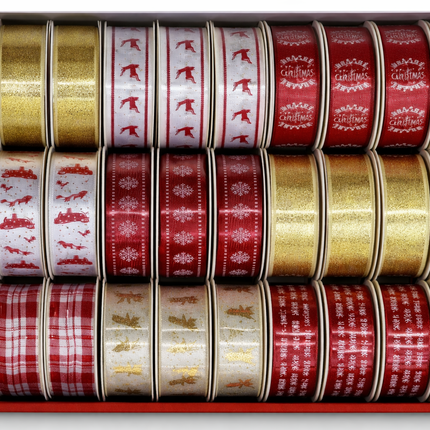 Christmas Themed Red, Golden & White Color Ribbons Collection - 3 yards long