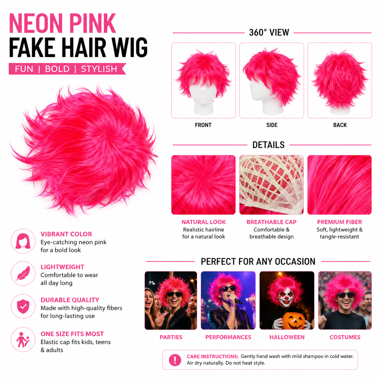 Neon Pink Fake Hair Wig