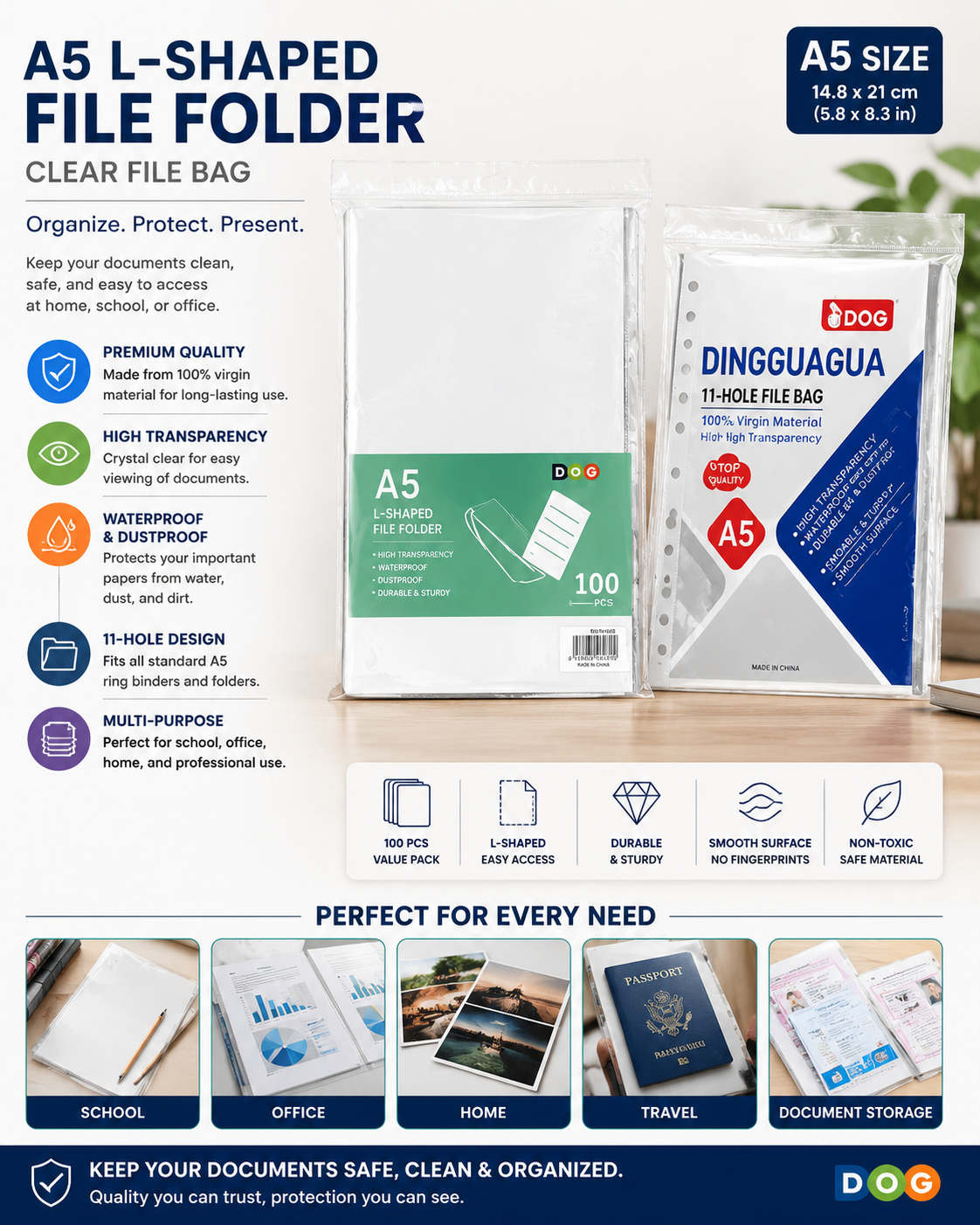 A5 Clear File Folder – 11-Hole Document Protector Sleeves for Binders